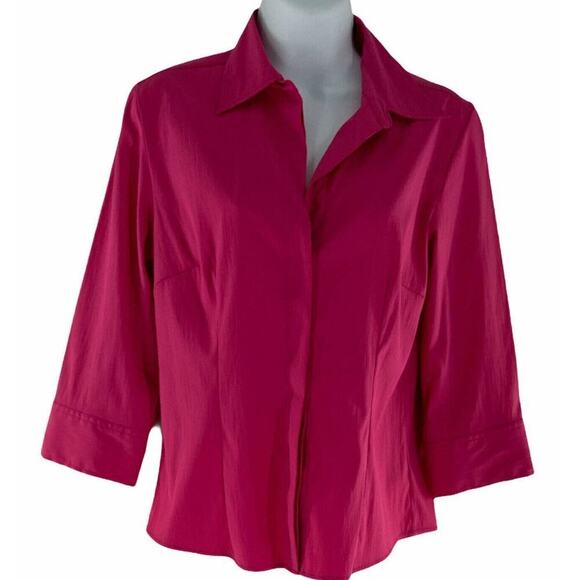 DCC Shirt Womens Petite M Stretch Collared Button Front Pink Career Top Blouse - Picture 1 of 4